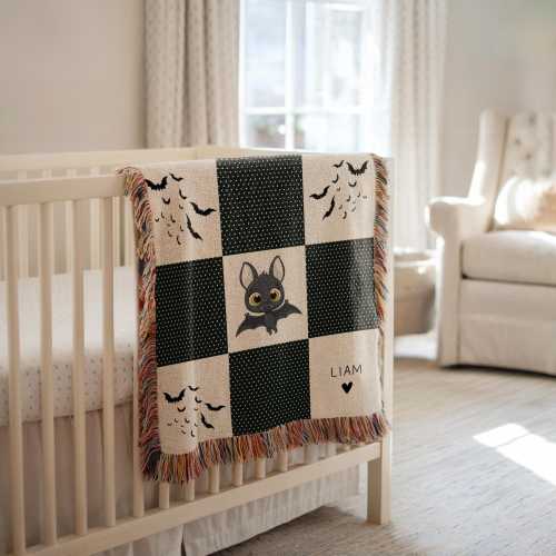 Personalized Bat Blanket for Baby Halloween Blanket Gift for Kid Bat Baby Blanket Nursery Decor Name Bat Blanket Bat Woven Throw Baby Shower