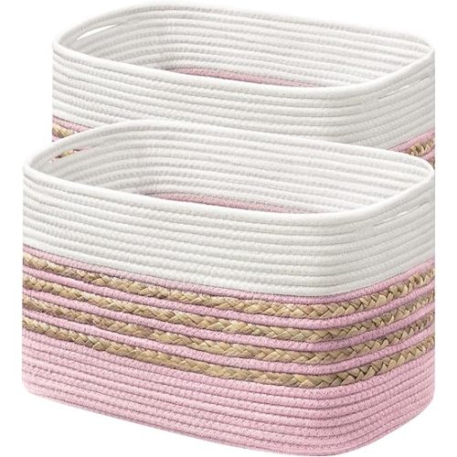 UBBCARE 2 Pack Baskets for Organizing, Woven Storage Baskets for Toys and Towel, Rectangle Cotton Rope Basket with Handles, 14''L x 8''W x9''H, Pink