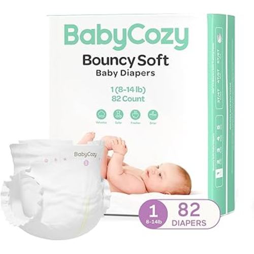 Babycozy Boucy Newborn Diapers for Sensitive Skin, Hypoallergenic Disposable Plain White Diapers Without Chlorine, Soft Diaper for Baby&Infant&Preemie, Size 1(8-14lb) 82 Count
