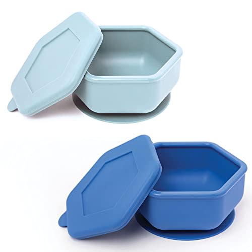 Tiny Twinkle Silicone Suction Bowls Set with Lids for Baby and Toddler - 100% Silicone - BPA Free - Microwave Safe (IceBlue, Indigo, 2 Pack)
