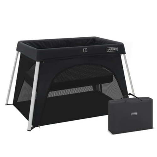 HARPPA Portable Travel Crib with Mattress, Foldable Playard for Baby and Toddler, 11lbs, Black