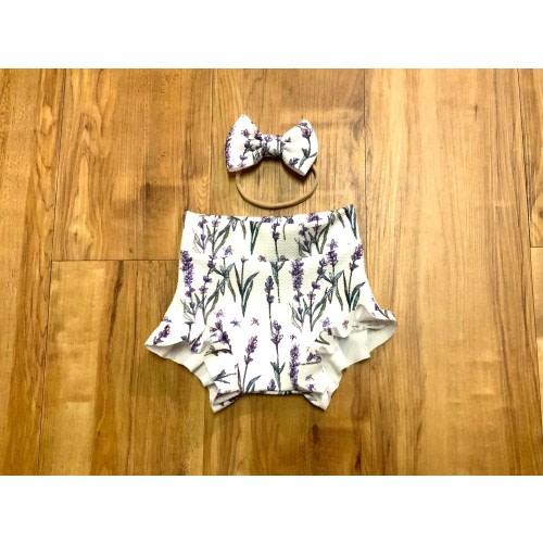Lavender Flowers Bummies Ruffled Leg toddler diaper cover Girls bummies Liverpool Jersey knit Bummie Bow on nylon headband