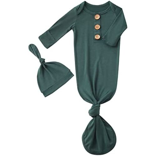 Newborn Baby Boys Girls Knotted Gown Hat Set Soft Bamboo Viscose Infant Sleeper Baby Sleep Gown with Mittens