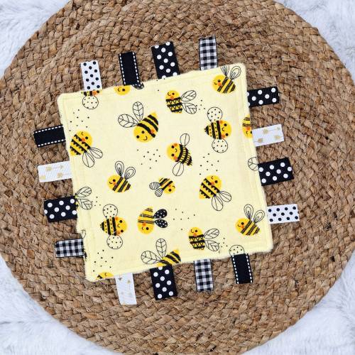 Bumble Bee Crinkle Tag Toy, Bee Crinkle Toy, Bee Ribbon Crinkle Toy, First Baby Toy, Diaper Bag Toy, Bee Crinkle Square, Handmade Baby Gift