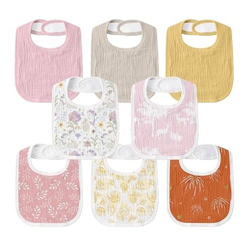GLLQUEN BABY Muslin Drool Bibs for Boys Girls 8 Pack, Adjustable Baby Bibs for Drooling and Teething, Soft Cotton Baby Bandana Bib for Newborn Feeding Essentials (Flower)