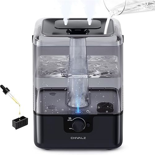 6L Humidifiers for Bedroom Large Room Home, CHIVALZ Cool Mist Top Fill Humidifiers for Baby Nursery and Plants, 26dB Quiet, Nightlight, Up to 50 Hours, Oil Diffuser 1 Pack + 2 Mist Outlets Black