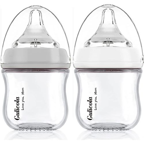Gulicola Small Glass Baby Bottle for Breastfed Babies, Slow Flow, Anti-Colic, 0 Months+, 3oz, 2 Count(Grey White)