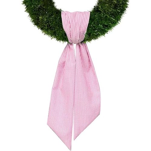 Easter Wreath Sash for Front Door, Pink Seersucker Sash Holiday Stripes Wreath Accessories for Home Wedding Birthday Decorations