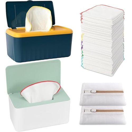 108 Packs Flannel Reusable Baby Wipes Cloth Wipes with Blue Wipes Dispenser, Reusable & Natural Skin-Friendly Cloth Baby Wipes