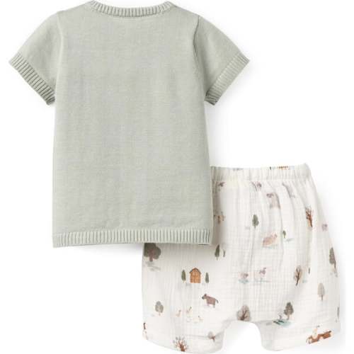On The Farm Knit Henley Top & Printed Muslin Short Set, Multicolors - Elegant Baby | Maisonette