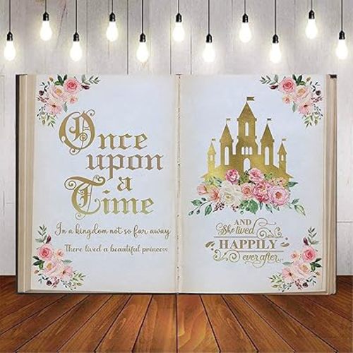 Once Upon a Time Backdrop Pink Floral Gold Castle Princess Fairytale Birthday Party Decoration Girls First Birthday Party Photobooth Backdrop Supplies Cake Table Decorations