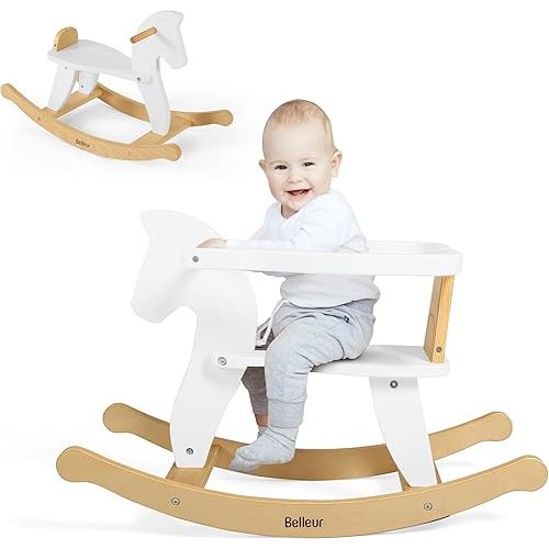 Wooden Rocking Horse for Toddler 1-3 Year Old, Baby Wood Ride-on Toys with Removable Fence for Indoor & Outdoor Activities, Boys & Girls Rocking Animal for Birthday