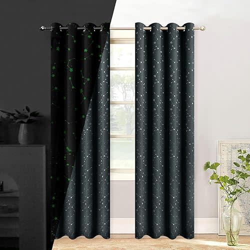 Blackout Curtains for Bedroom,Glow in The Dark 63 x 52 Dark Grey Star, 2 Panels