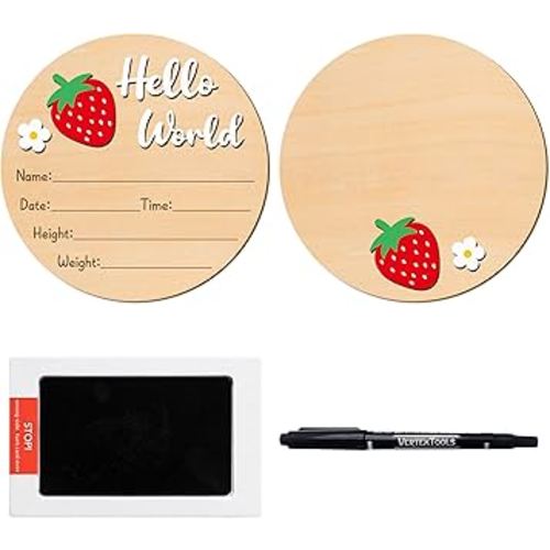 R HORSE Baby Announcement Sign with Ink Pad and Marker Pen 3D Strawberry Hello World Wooden Keepsake for Newborn Handprints Footprints Christening Shower Gift Double-Sided Name Plaque Welcome Sign