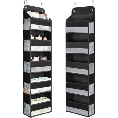 Yecaye 1 Pc Over the Door Organizer with 5 Bins 10 Side Pockets, 44lbs Load Hanging Bathroom and Bedroom Organizer, behind the Door Hanging Organizers for Nursery Newborn Baby Essential Stuff Black