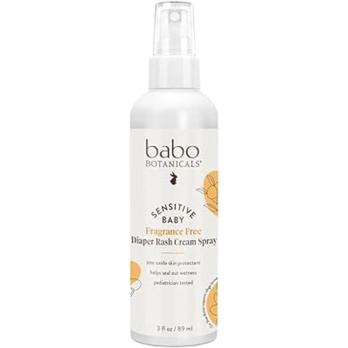 Babo Botanicals Sensitive Baby Fragrance-Free Diaper Rash Cream Spray - No touch, mess-free application - 14.9% Zinc Oxide - Shea Butter, Olive Oil & Aloe Vera - For Babies – 3fl.oz.