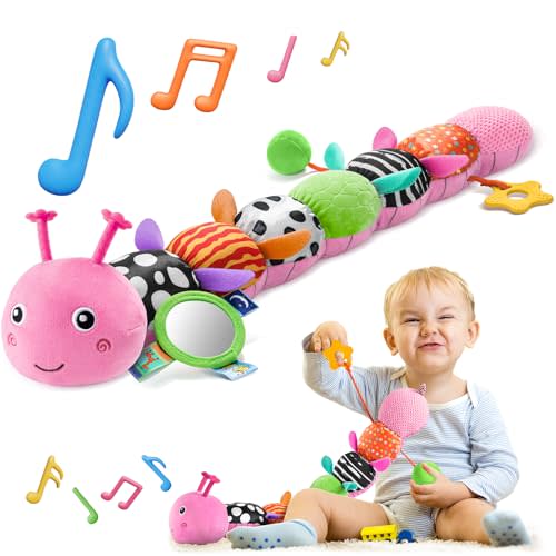 HEMRLY Baby Sensory Toy 0-6 Months, Musical Stuffed Caterpillar Plush with Teether, Crinkle, Rattle, Baby Mirror for Tummy Time, Infant Car Seat Toy for 0-3-6-12 Month Boys Girls Gifts - Winged Pink