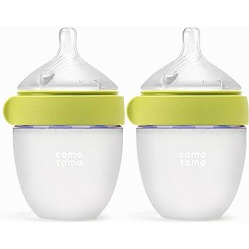 Comotomo Silicone Baby Bottle 2 (5oz) – Baby Bottle Refined – Soft, Wide-Neck Bottle with True Slow-Flow Nipple for Newborn Feeding, Green (Double Pack)