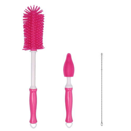 Baby Bottle Cleaner Set with Silicone Brush Nylon Brush 3pc Cleaning Kit Compatible with Pumps Bottles Blue Pink Red Yellow