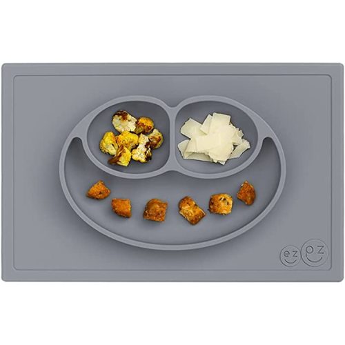 ezpz Happy Mat (Gray) New Version - 100% Silicone Suction Plate with Built-in Placemat for Toddlers + Preschoolers - Divided Plate - Dishwasher Safe