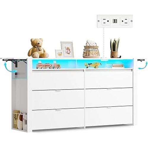 WLIVE 78 Inch LED Dresser for Bedroom, White Dresser with Charging Station, Large Chest of Drawers Expandable with Flexible Shelves and Hanging Rack, Wood Dressers for Closet, Living Room (85" TV)