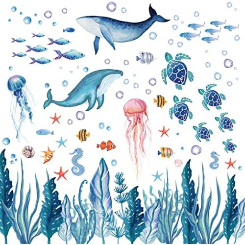 Whaline 143 Pieces Ocean Wall Decals Watercolor Under The Sea Wild Life Animals Wall Stickers Waterproof Peel and Stick Removable Murals for DIY Nursery Bedroom Living Room Bathroom Wall Art Decor