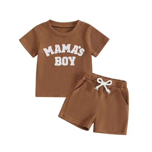Kupretty Toddler Baby Boy Summer Clothes Embroiderey Waffle Knit Short Sleeve T-Shirt Tees + Casual Shorts Cute Clothing Set