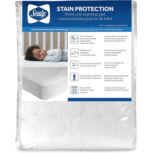Sealy Baby Stain Protection Fitted Waterproof Baby Crib Mattress Protector, Crib Mattress Topper, Crib Mattress Pad, Toddler Bed Mattress Protector, Machine Washable/Dryer Friendly, 52” x 28”- White