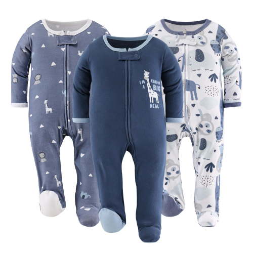 The Peanutshell Baby Sleep n Play Footed Pajamas for Baby Boys, Blue Safari, 3 Pack, 0-3 Months