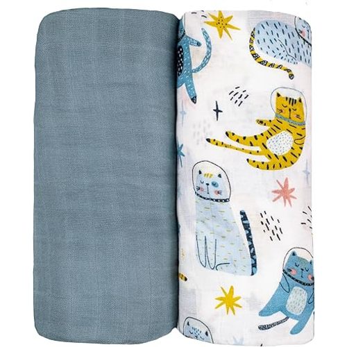 Muslin Swaddle Blankets for Newborn Baby, Buttery Soft and Breathable Receiving Blanket Bamboo Rayon and Cotton Blend, Large Size 47 x 47 Inch, 2 Pack of Blue and Space Cats