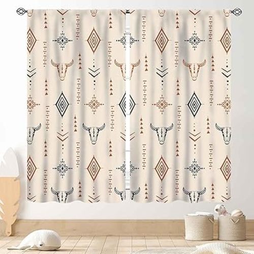 Western Curtains, Rustic Retro Aztec Bull Skull Southwest Tribal Ethnic Farmhouse Rural County Cowboy Boho Beige Western Window Drape Treatments for Bedroom Living Room Kitchen, 52"x84" Inch