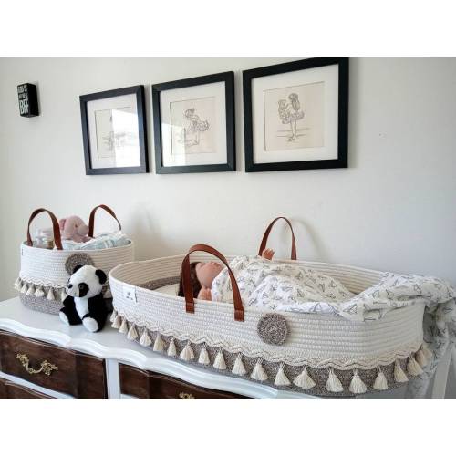 Bobo & Jojo Changing Basket for Baby Set with waterproof pad , Safety Straps, 1 Waterproof mat, Diaper Caddy, 2 Fitted Sheets, and a Panda.