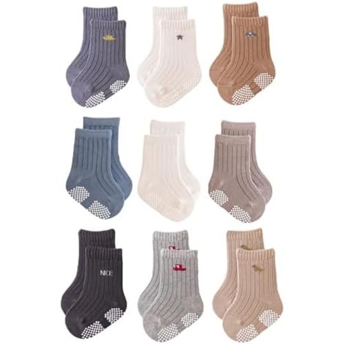 Baby Crew Socks,Grips Combed Cotton Socks Toddler Non-Skid for Girls,Boys Non Slip/Anti Skid 9-Pack