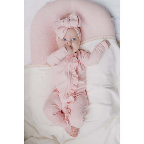 Frill Zip Romper | Baby Pink Marle Waffle – Little and Fern