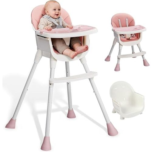 Ktaxon 3-in-1 Baby High Chair, Portable Adjustable Height Highchair with Removable Dual-Layer Tray, 5-Point Safety Harness and Footrest for Toddlers & Babies, Pink