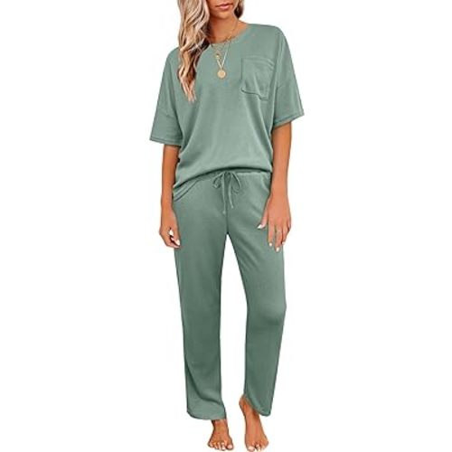 JiniGolla Womens Postpartum Pajama Set Waffle Knit Short Sleeve Shirt with Long Pajama Pants - Small, Light Green