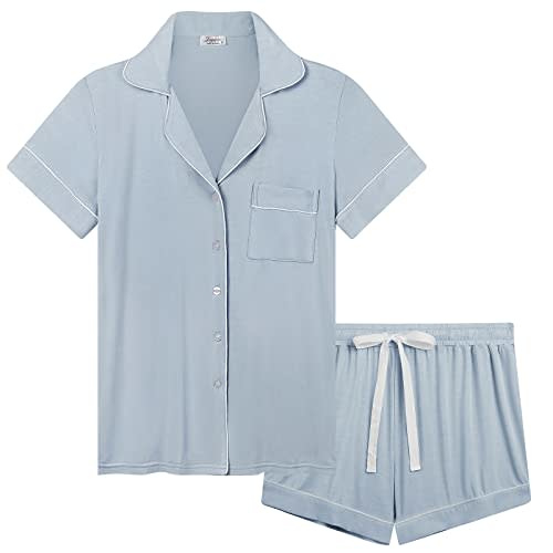 Joyaria Womens Cooling Bambo Viscose Pajamas Short Sleeve Button Down Pj Shorts Set Ultra Soft Summer Sleepwear-Small-XXL
