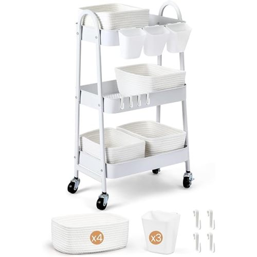 3-Tier Rolling Utility Cart with 4 Woven Baskets, Diaper Book Snack Cart, Storage Organizer for Nursery, Kitchen, Craft Room, Home SPA, Living Room, Metal Frame Trolley on Lockable Wheels, White