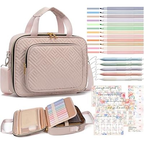 Bible Cover for Women Bible Case, Large Bible Bag w/Shoulder Strap, Bible Study Supplies Bible Journaling Kit Pink Book Carrying Case with Bible Highlighters, Christmas Christian Gifts for Women Lady