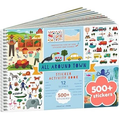 All Around Town 500+ Kids Sticker Book by Cupkin Fun Toddler Travel Activity Coloring and Sticker Book, Road Trip Essentials, 12 Coloring Pages 12 Side by Side Scenes for Ages 2–8 Years