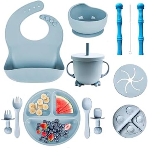 Baby Led Weaning Supplies - 12Pcs Silicone Baby Feeding Set - Suction Toddler Plates and Bowls set, Bib, Cup, Spoons, Forks, Teething Tubes, Baby Feeding essentials for 6+ Months (Blue)