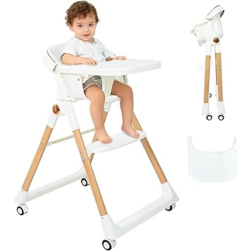 Baby High Chair for Toddler, Foldable High Chair for Dining Table Highchair with 5 Point Harness Seat Removable Adjustable Tray Portable Baby Dinning Chair with Lockable Wheels Easy to Clean Surface