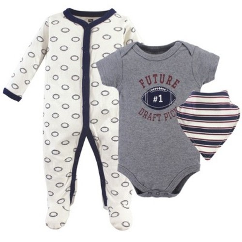 Hudson Baby Infant Boy Cotton Sleep and Play, Bodysuit and Bandana Bib Set, Football, 3-6 Months