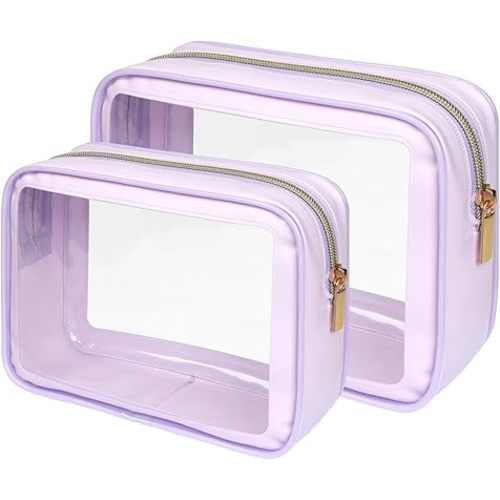 PACKISM TSA Approved Toiletry Bag - Upgrade Color-Edged Clear Makeup Bag, Unique Appearance, 2 Pack Hold Lots of Items, Reusable Clear Toiletry Bags for Travel Essentials, Purple (2 Sizes)