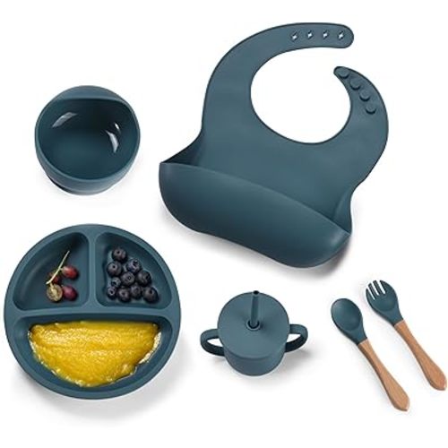 Childlike Behavior Baby Weaning Set of 6 - Dark Blue Baby Silicone Feeding - Self Feeding Baby Wooden Fork and Spoon, Plates, Bibs, Easy to Grip, Dishes and Cups - Eating Learning Essentials