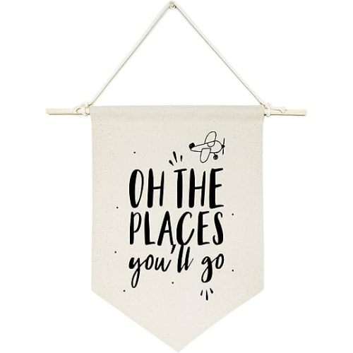 The Cotton & Canvas Co. Oh the Places You'll Go Hanging Wall Canvas Banner for Baby Girl, Baby Boy, Nursery, Teen and Kids Room