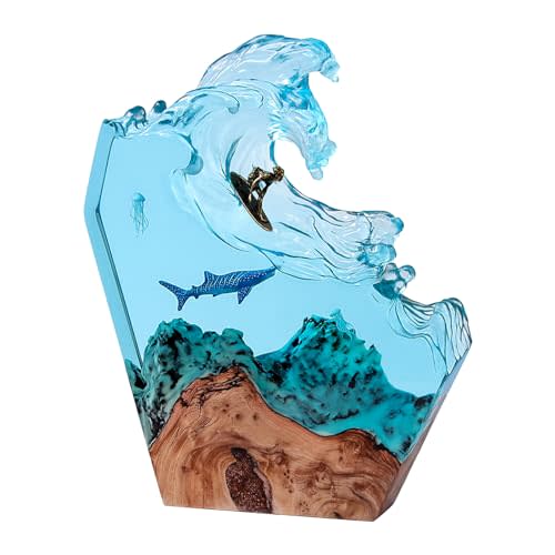 dcvbny Resin LED Ocean Surfing Night Lights,Handmade Wooden Epoxy Resin Bedside Table Lamp,3D Art Ornaments Office Bedroom Room Party Decor for Surfer Men Women Boys Girls (8-inch Surfing)
