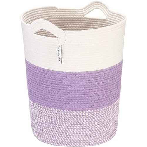 Sea Team Large Size Cotton Rope Woven Storage Basket with Handles, Laundry Hamper, Fabric Bucket, Drum, Clothes Toy Organizer for Kid's Room, 20 x 14 inches, Round Open Design, White & Mottled Purple
