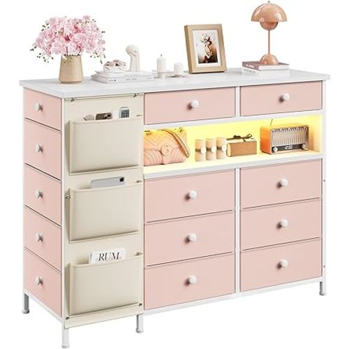 EnHomee Pink Dresser for Bedroom with 13 Fabric Drawers and LED Lights, Closet Island with Drawers, Dressers & Chests of Drawers with Side Pocket for Girl Bedroom Closet Organizer