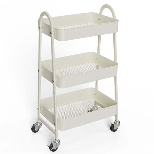 EDX 3 Tier Metal Rolling Cart, Lockable Wheels, Mesh Basket Organizer, White